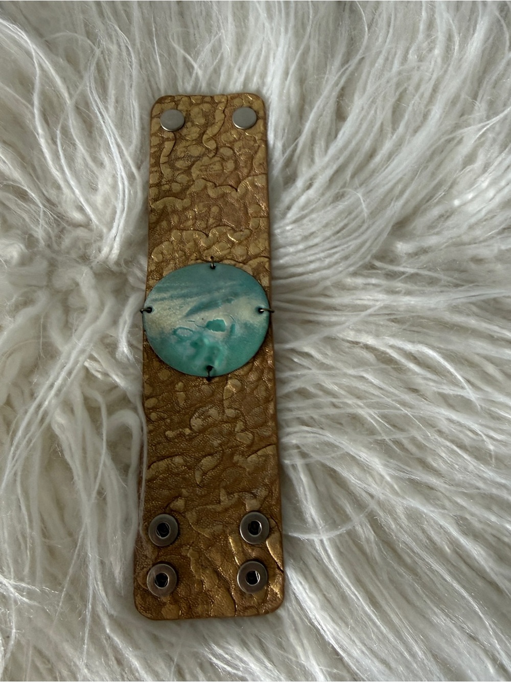 Beautiful statement cuff Gold Textured Leather Cuff with Turquoise Disc